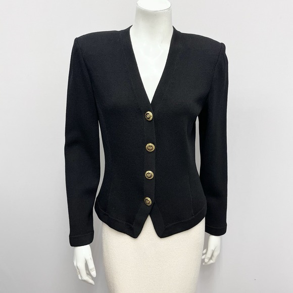 St. John Basics Santana Knit Jacket Black 6 Crest & Enamel Buttons Size S - Picture 1 of 6